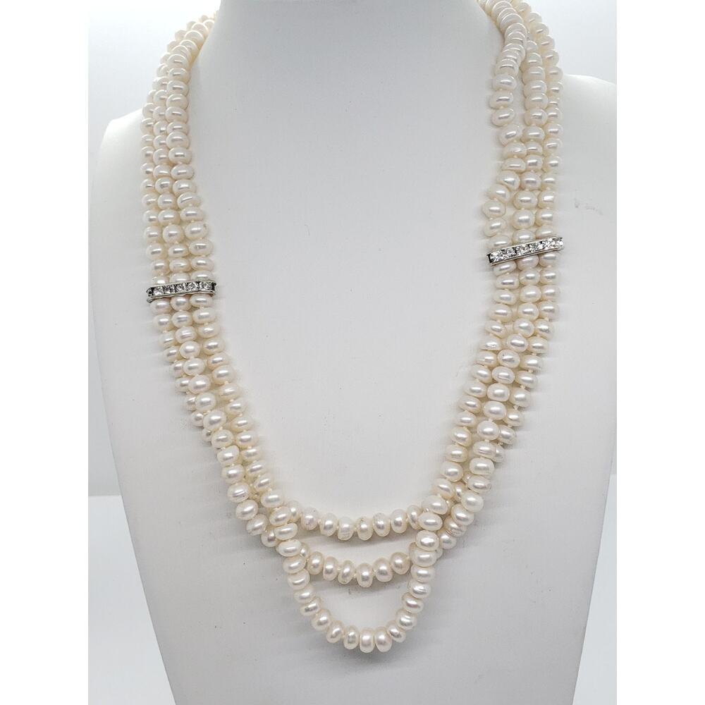 Freshwater Pearl Necklace 3 Strand White Rhinestone Spacers Silver Tone Layered - Picture 15 of 15